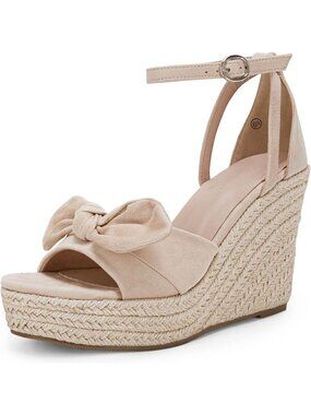 Women's Beige Wedge Platform Sandals Bowknot Espadrille Ankle Strap Summer Heels